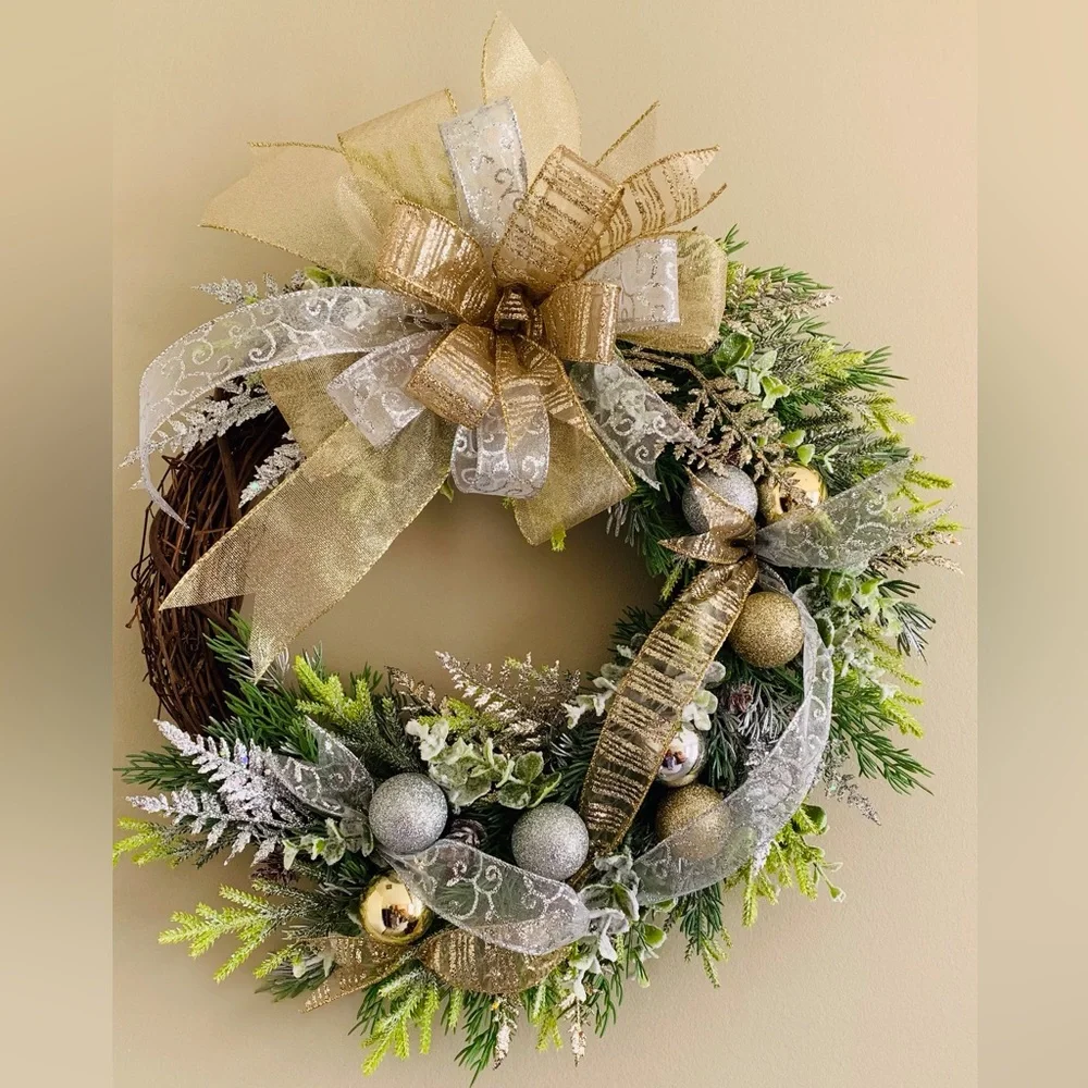 HAND CRAFTED Gold and Silver Ornament Embellished Christmas Wreath